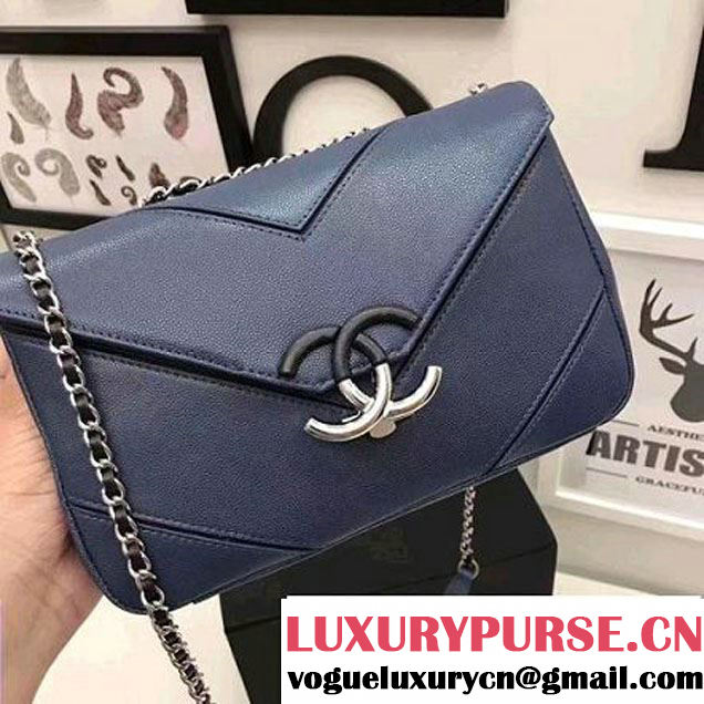 Chanel Grained Calfskin Chevron Small Flap Bag A93774 Blue 2017 (1A145-7032126 )