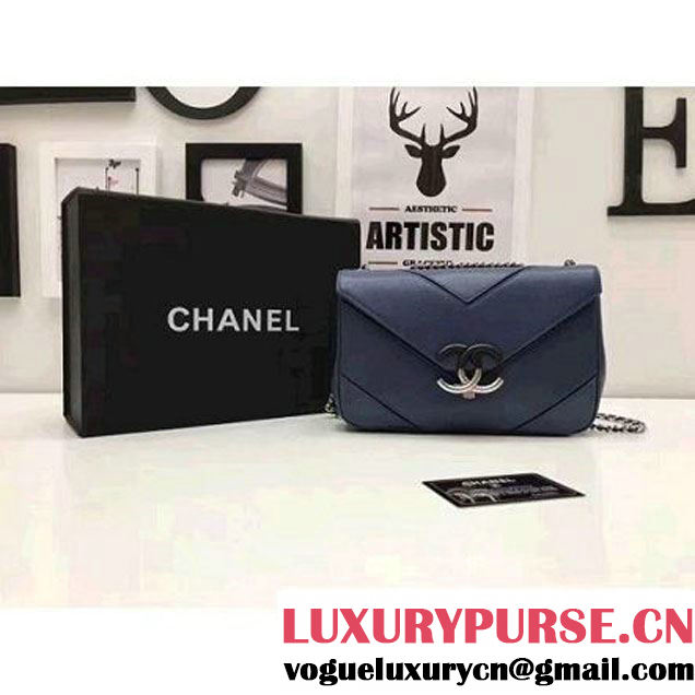 Chanel Grained Calfskin Chevron Small Flap Bag A93774 Blue 2017 (1A145-7032126 )