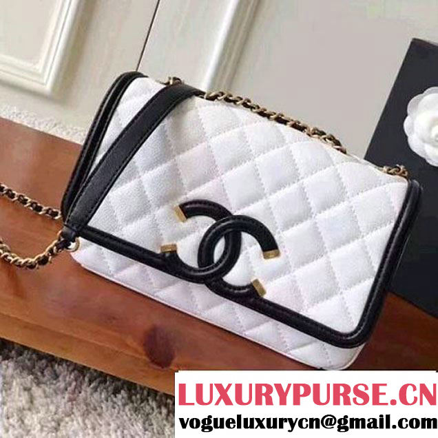 Chanel Small Grained Calfskin & Calfskin Flap Bag White/Black 2017 (KN-7032710 )