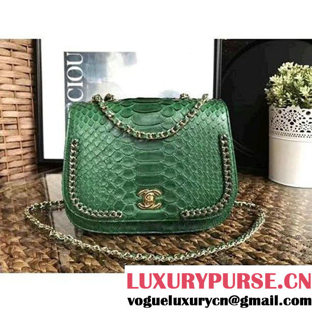 Chanel Python Leather Chain Braided Chic Medium Flap Bag A98774 Green 2017 (1A111-7041107 )