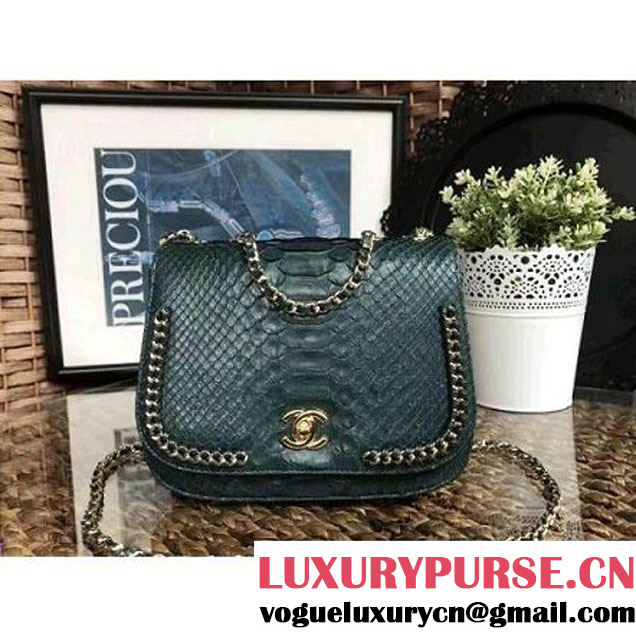 Chanel Python Leather Chain Braided Chic Medium Flap Bag A98774 Dark Green 2017 (1A111-7041110 )