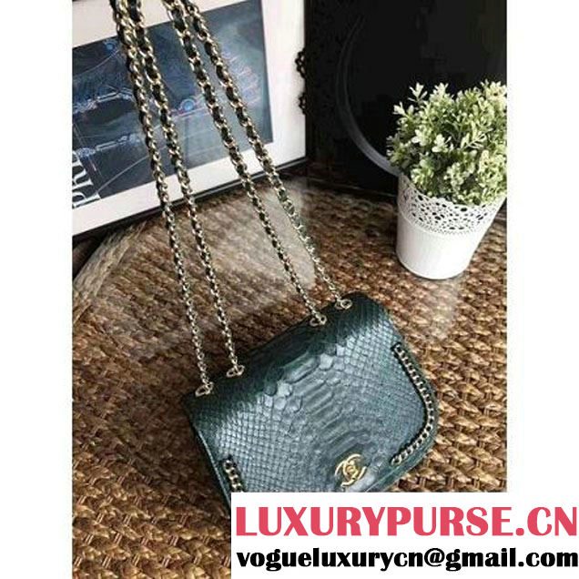Chanel Python Leather Chain Braided Chic Medium Flap Bag A98774 Dark Green 2017 (1A111-7041110 )
