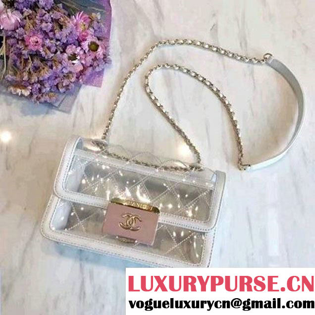 Chanel White Transparent Toile/Lambskin Pink Beauty Lock Flap Bag 2017 (KN-7042724 )