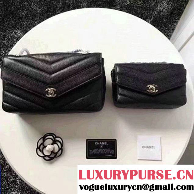 Chanel Grained Chevron Calfskin Large Flap Bag A91563/A91561 Black 2017 (1A145-7061216 )
