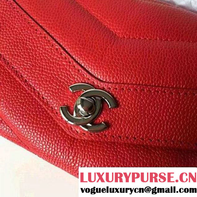 Chanel Grained Chevron Calfskin Large Flap Bag A91563 Red 2017 (2A145-7061217 )
