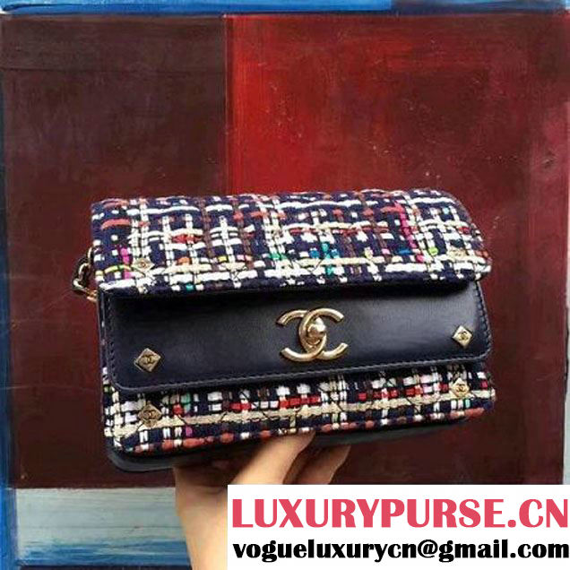 Chanel Tweed & Blue Lambskin Small Double Flap Bag 2017 (2A143-7062404 )
