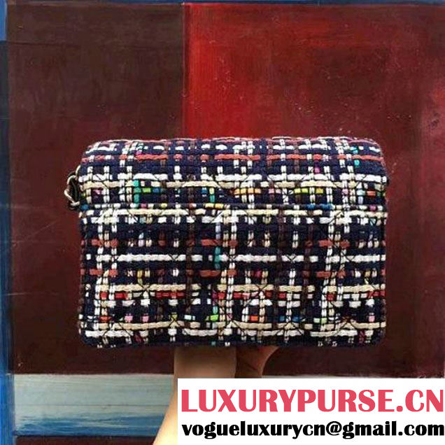 Chanel Tweed & Blue Lambskin Small Double Flap Bag 2017 (2A143-7062404 )