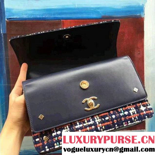 Chanel Tweed & Blue Lambskin Medium Double Flap Bag 2017 (2A143-7062405 )