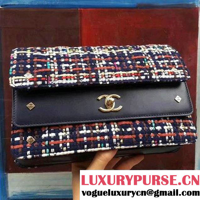 Chanel Tweed & Blue Lambskin Medium Double Flap Bag 2017 (2A143-7062405 )