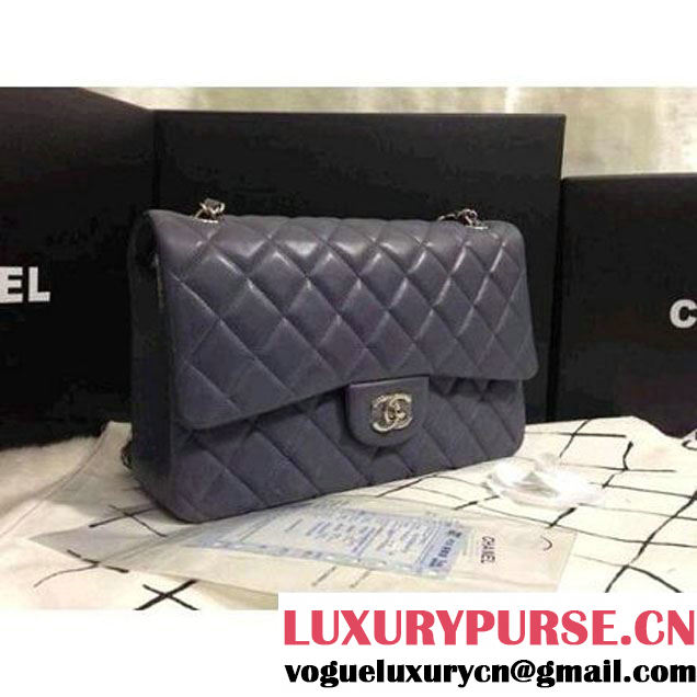 Chanel 2013 Lambskin Chain Jumbo Double Flap Shoulder Bag Dark Grey(Silver hardware)  (A28600-DGS ) (A28600-DGS )
