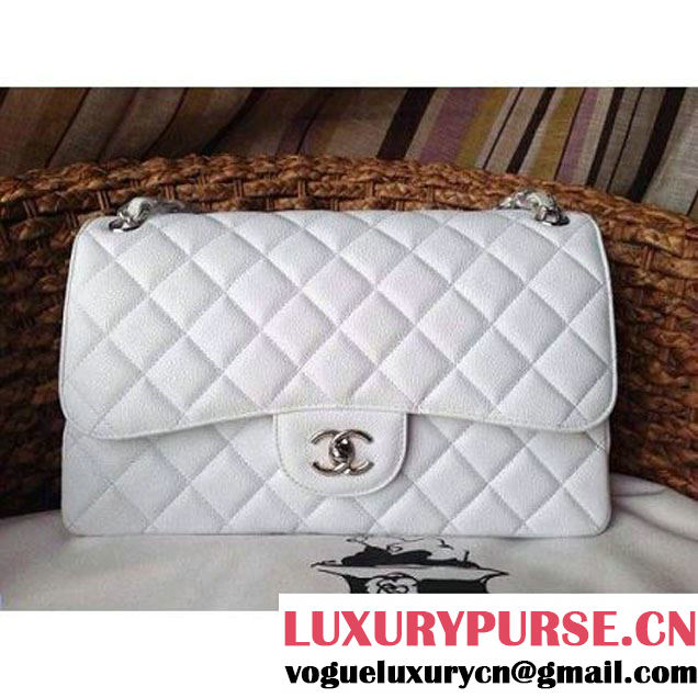 Chanel Caviar Leather Chain Jumbo Flap BagWhite (Silver Hardware) (1a086-032105 )