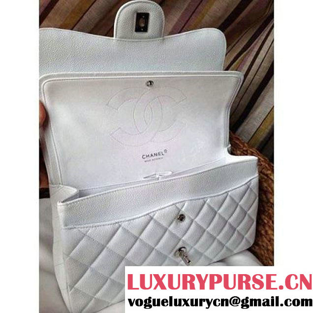 Chanel Caviar Leather Chain Jumbo Flap BagWhite (Silver Hardware) (1a086-032105 )