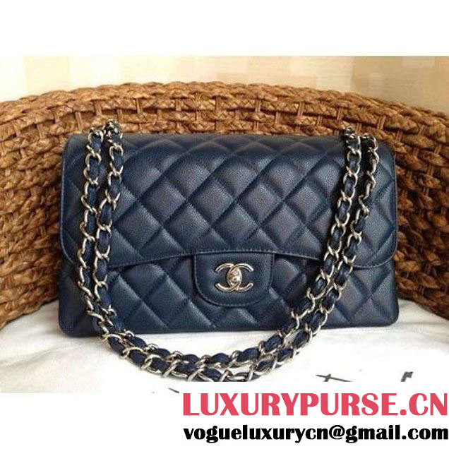 Chanel Caviar Leather Chain Jumbo Flap Bag Deep Blue (Silver Hardware) (1a086-032106 )