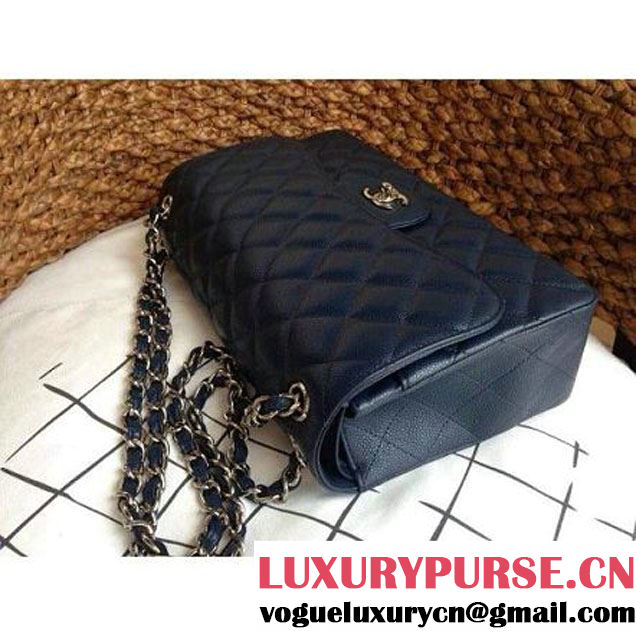 Chanel Caviar Leather Chain Jumbo Flap Bag Deep Blue (Silver Hardware) (1a086-032106 )