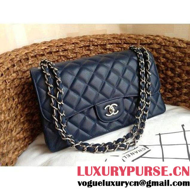 Chanel Caviar Leather Chain Jumbo Flap Bag Deep Blue (Silver Hardware) (1a086-032106 )