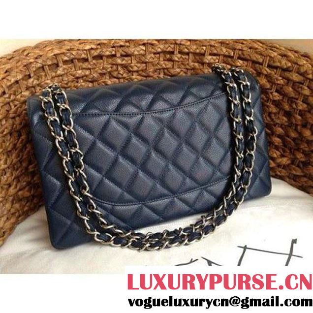 Chanel Caviar Leather Chain Jumbo Flap Bag Deep Blue (Silver Hardware) (1a086-032106 )