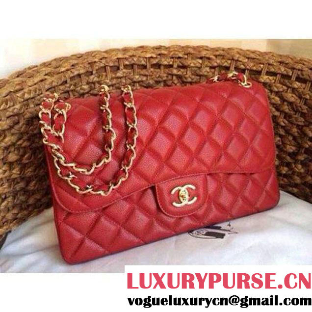 Chanel Caviar Leather Chain Jumbo Flap Bag Red (Gold Hardware) (1a086-032107 )