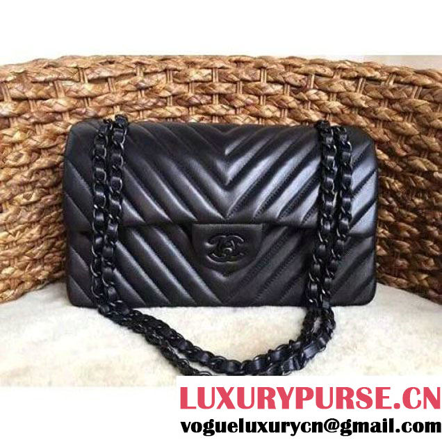 Chanel All Black Lambskin Medium/Large Chevron Quilting Classic Flap Bag SS 2015 (1a086-032304 )