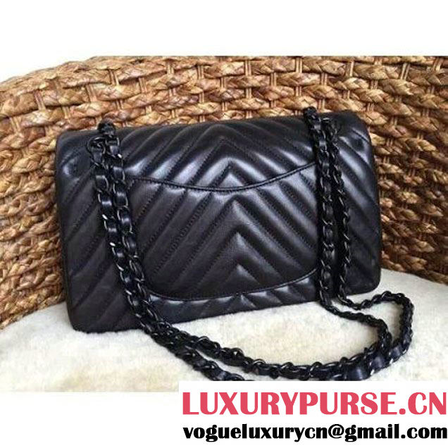 Chanel All Black Lambskin Medium/Large Chevron Quilting Classic Flap Bag SS 2015 (1a086-032304 )