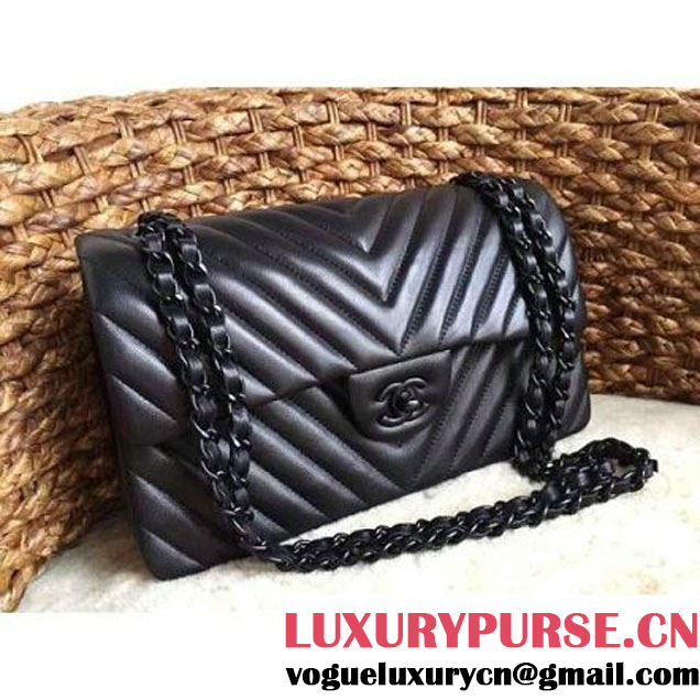 Chanel All Black Lambskin Medium/Large Chevron Quilting Classic Flap Bag SS 2015 (1a086-032304 )
