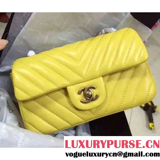 Chanel Yellow Lambskin Small Chevron Quilting Classic Flap Bag SS 2015 (2a136-041501 )