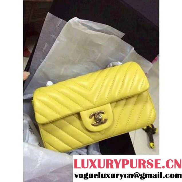 Chanel Yellow Lambskin Small Chevron Quilting Classic Flap Bag SS 2015 (2a136-041501 )