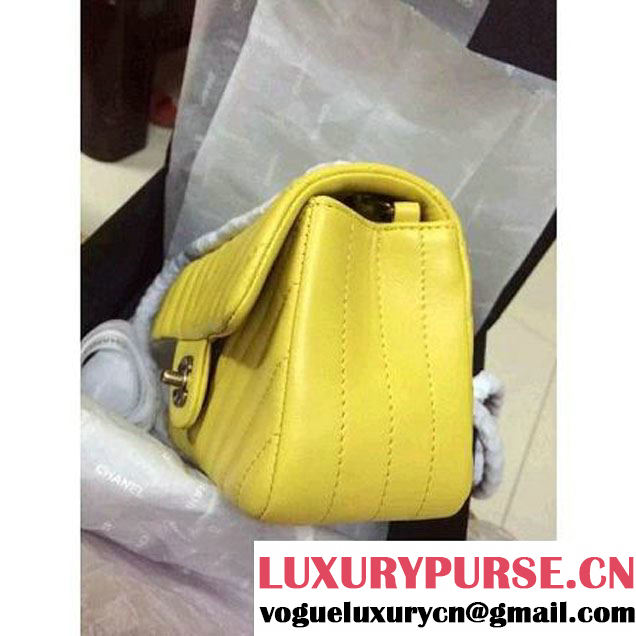 Chanel Yellow Lambskin Small Chevron Quilting Classic Flap Bag SS 2015 (2a136-041501 )