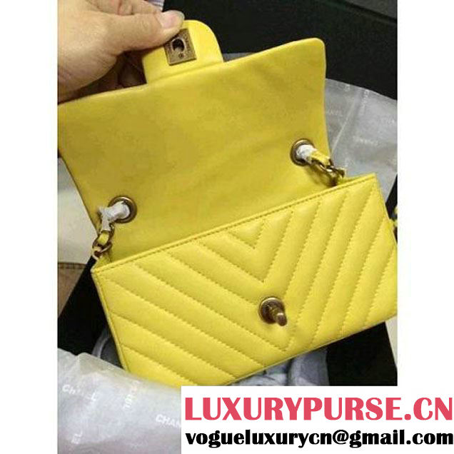 Chanel Yellow Lambskin Small Chevron Quilting Classic Flap Bag SS 2015 (2a136-041501 )
