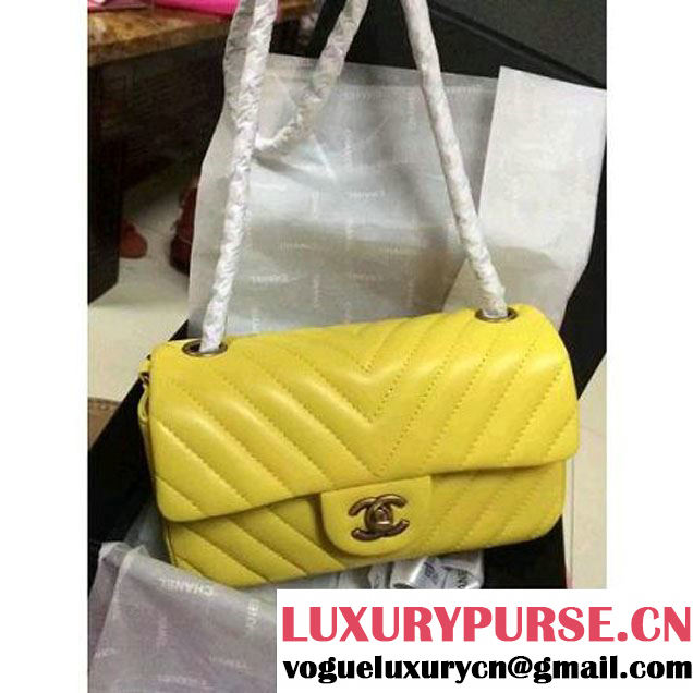 Chanel Yellow Lambskin Small Chevron Quilting Classic Flap Bag SS 2015 (2a136-041501 )