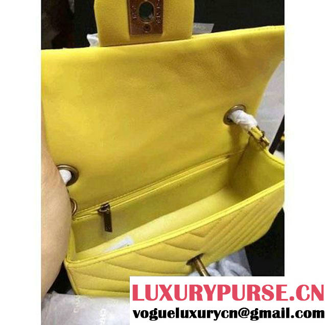 Chanel Yellow Lambskin Small Chevron Quilting Classic Flap Bag SS 2015 (2a136-041501 )