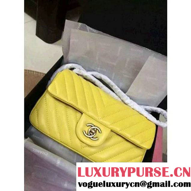 Chanel Yellow Lambskin Small Chevron Quilting Classic Flap Bag SS 2015 (2a136-041501 )