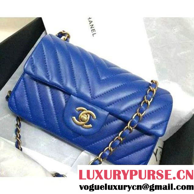 Chanel Blue Lambskin Small Chevron Quilting Classic Flap Bag SS 2015 (2a136-041506 )