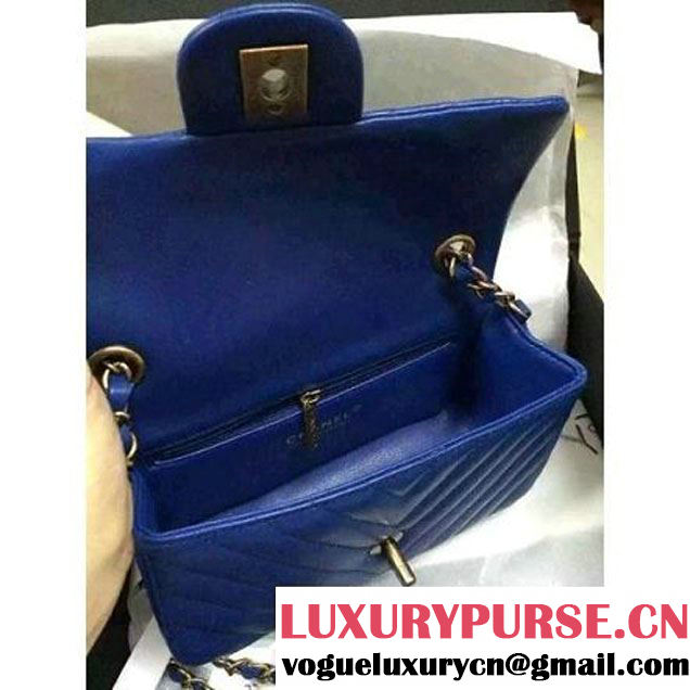 Chanel Blue Lambskin Small Chevron Quilting Classic Flap Bag SS 2015 (2a136-041506 )