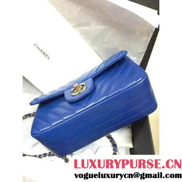 Chanel Blue Lambskin Small Chevron Quilting Classic Flap Bag SS 2015 (2a136-041506 )