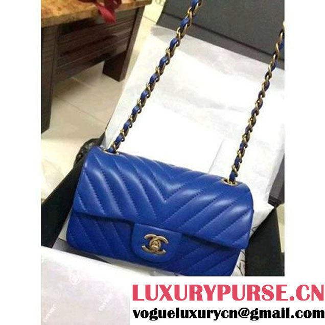 Chanel Blue Lambskin Small Chevron Quilting Classic Flap Bag SS 2015 (2a136-041506 )