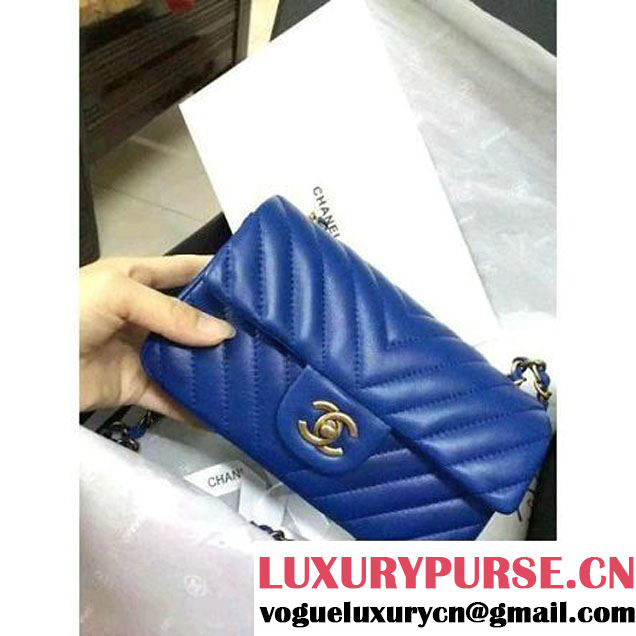 Chanel Blue Lambskin Small Chevron Quilting Classic Flap Bag SS 2015 (2a136-041506 )
