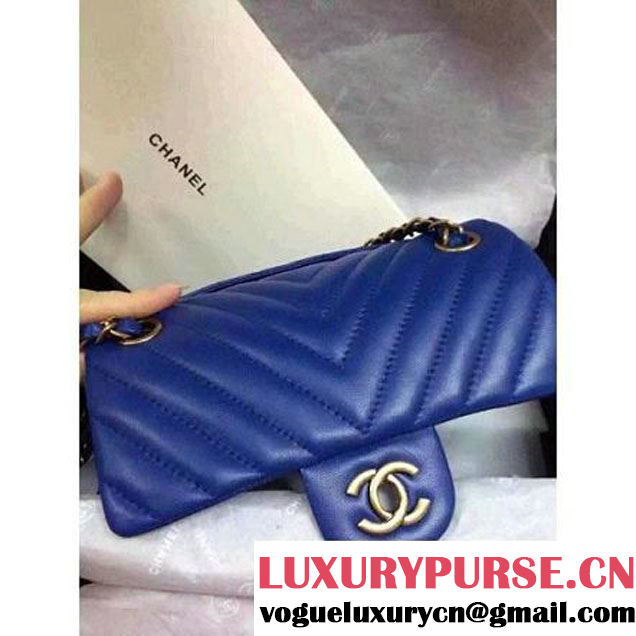 Chanel Blue Lambskin Small Chevron Quilting Classic Flap Bag SS 2015 (2a136-041506 )