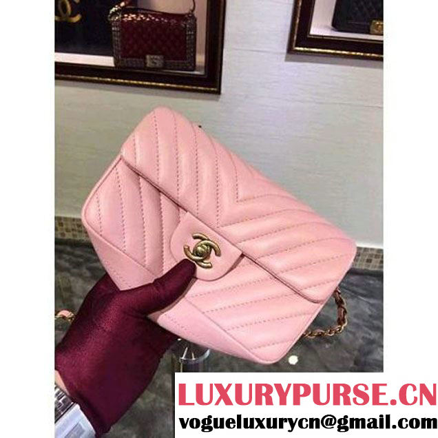 Chanel Pink Lambskin Small Chevron Quilting Classic Flap Bag SS 2015 (2a136-041507 )