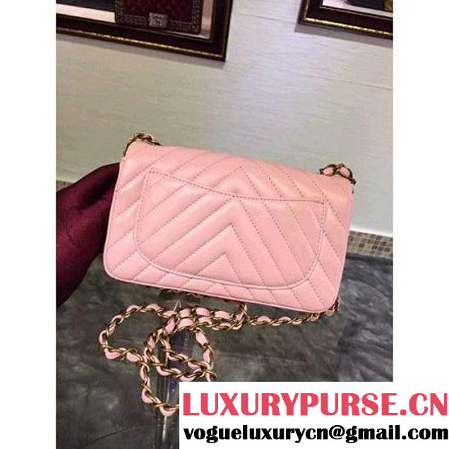 Chanel Pink Lambskin Small Chevron Quilting Classic Flap Bag SS 2015 (2a136-041507 )