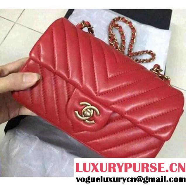 Chanel Red Lambskin Small Chevron Quilting Classic Flap Bag SS 2015 (2a136-041508 )