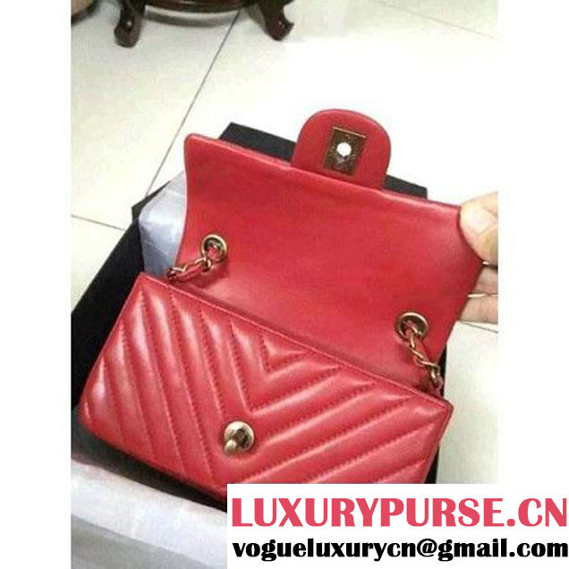 Chanel Red Lambskin Small Chevron Quilting Classic Flap Bag SS 2015 (2a136-041508 )