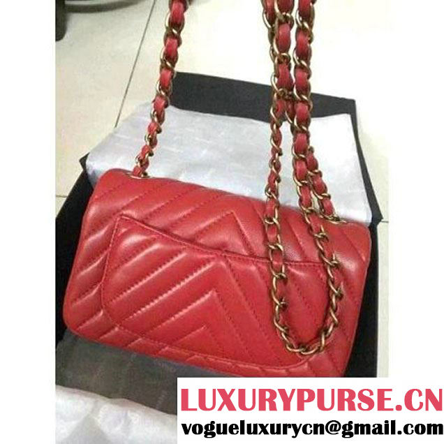 Chanel Red Lambskin Small Chevron Quilting Classic Flap Bag SS 2015 (2a136-041508 )