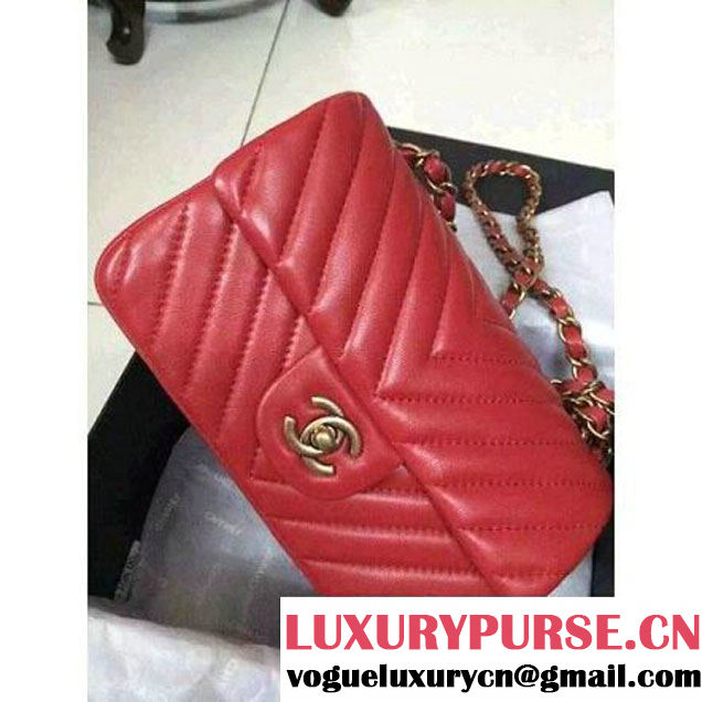 Chanel Red Lambskin Small Chevron Quilting Classic Flap Bag SS 2015 (2a136-041508 )