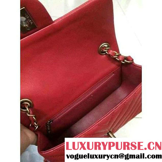 Chanel Red Lambskin Small Chevron Quilting Classic Flap Bag SS 2015 (2a136-041508 )