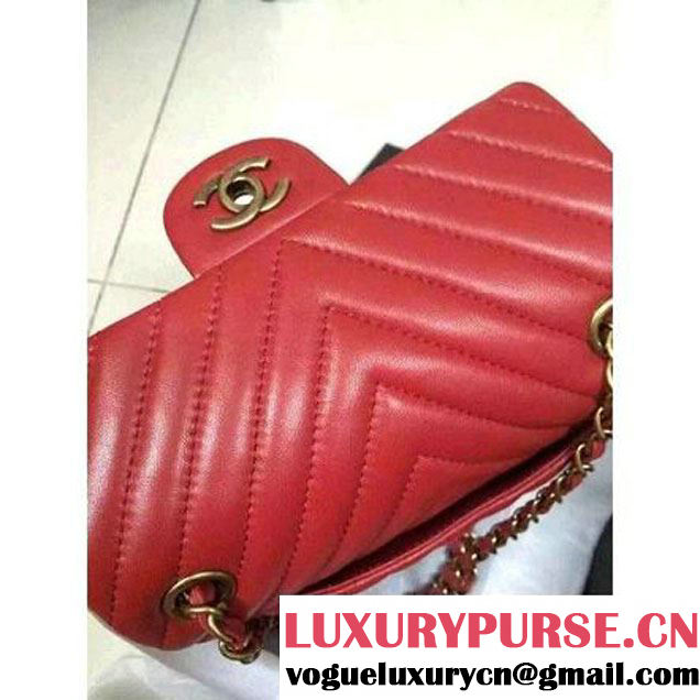 Chanel Red Lambskin Small Chevron Quilting Classic Flap Bag SS 2015 (2a136-041508 )
