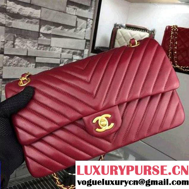 Chanel Burgundy Lambskin Medium Chevron Quilting Classic Flap Bag SS 2015 (2a058-042201 )