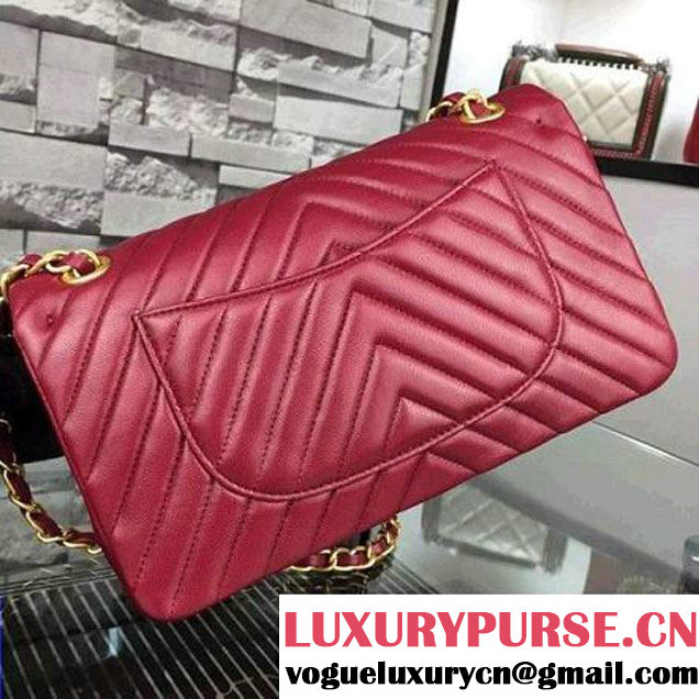 Chanel Burgundy Lambskin Medium Chevron Quilting Classic Flap Bag SS 2015 (2a058-042201 )
