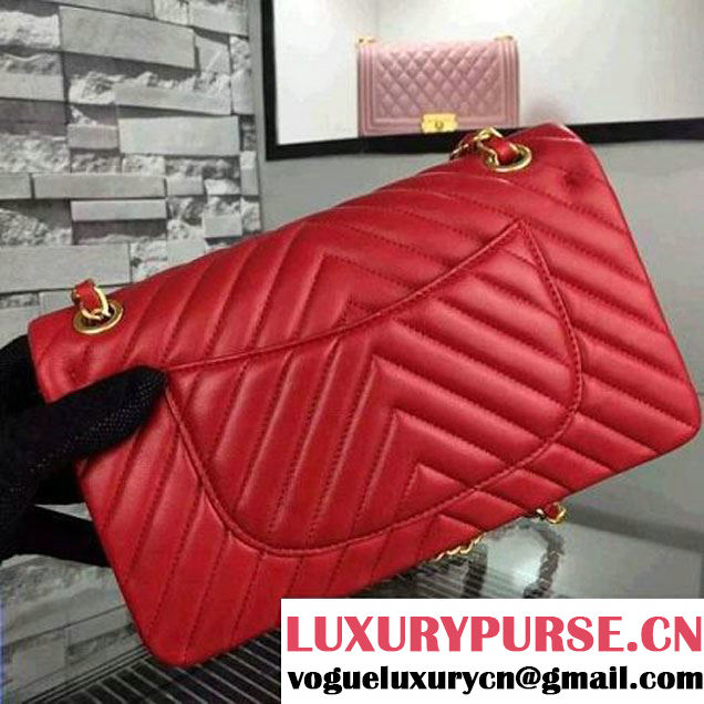 Chanel Red Lambskin Medium Chevron Quilting Classic Flap Bag SS 2015 (2a058-042202 )