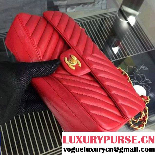 Chanel Red Lambskin Medium Chevron Quilting Classic Flap Bag SS 2015 (2a058-042202 )