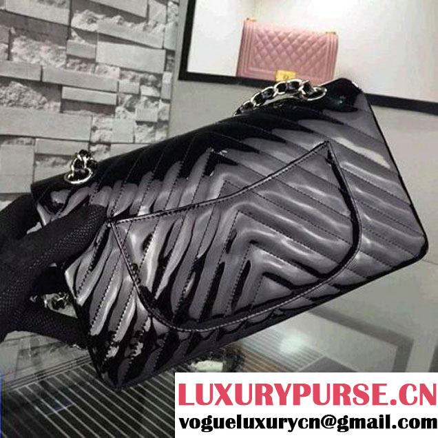 Chanel Patent Black Lambskin Medium Chevron Quilting Classic Flap Bag SS 2015 (2a058-042203 )